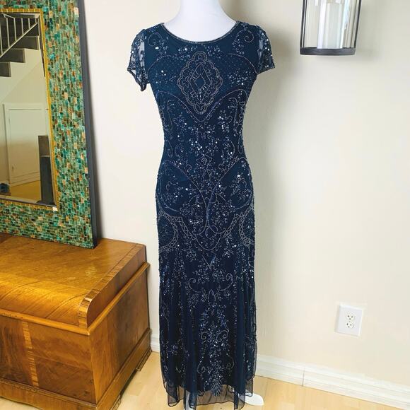 Vintage Pisarro Sz 2 Beaded Mesh Column Gown Navy Blue Cocktail Wedding Holiday - Picture 2 of 11